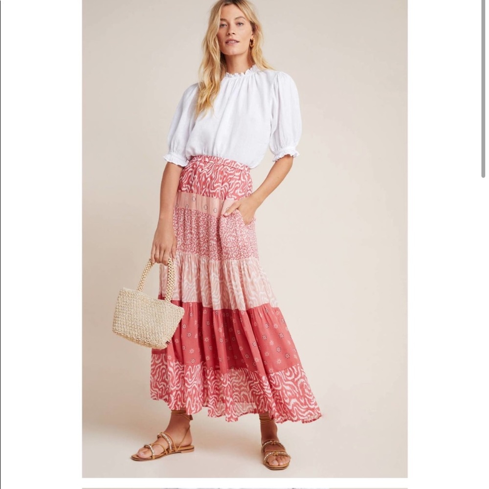 DOLAN Anthropologie Freja Tiered Maxi Skirt Coral Salmon Boho size Small